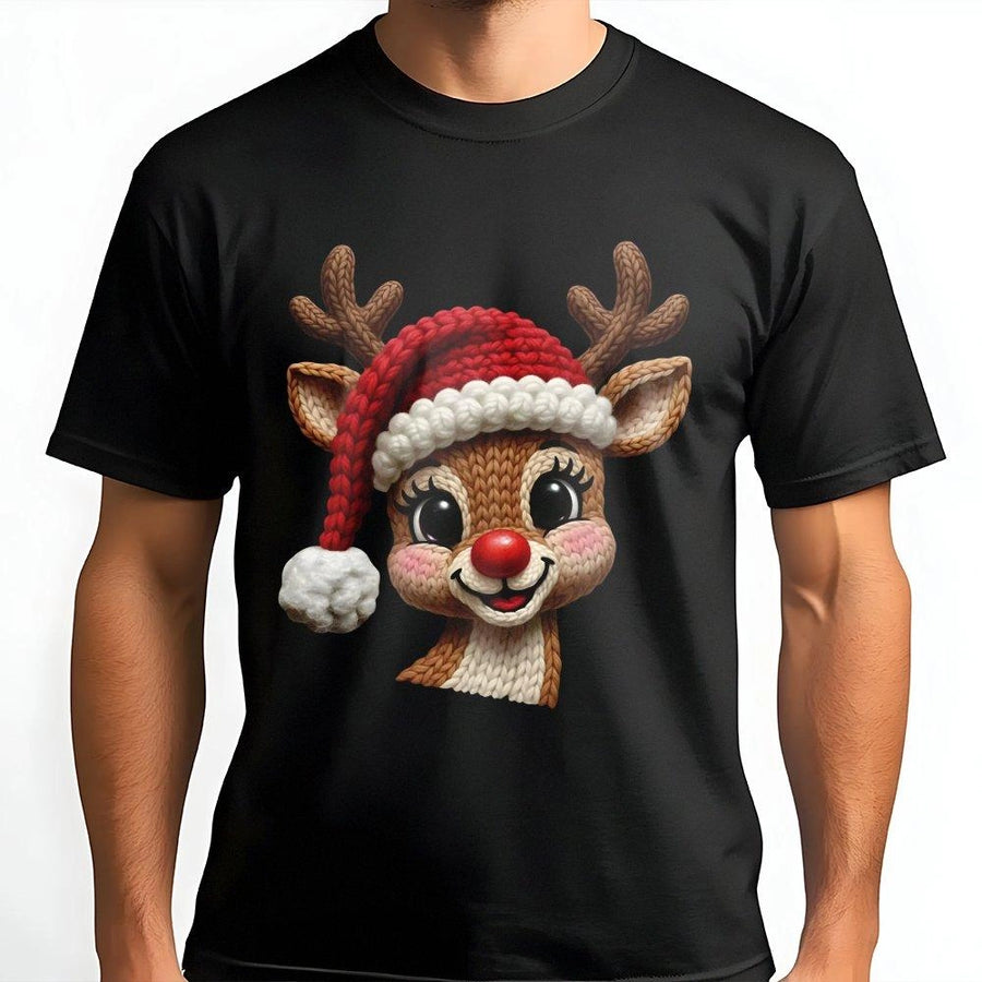 Reindeer Christmas T-Shirt | Faux Knit Texture Red Nose Deer | 100% Cotton Premium Tee | Festive Holiday Gift for Family and Friends