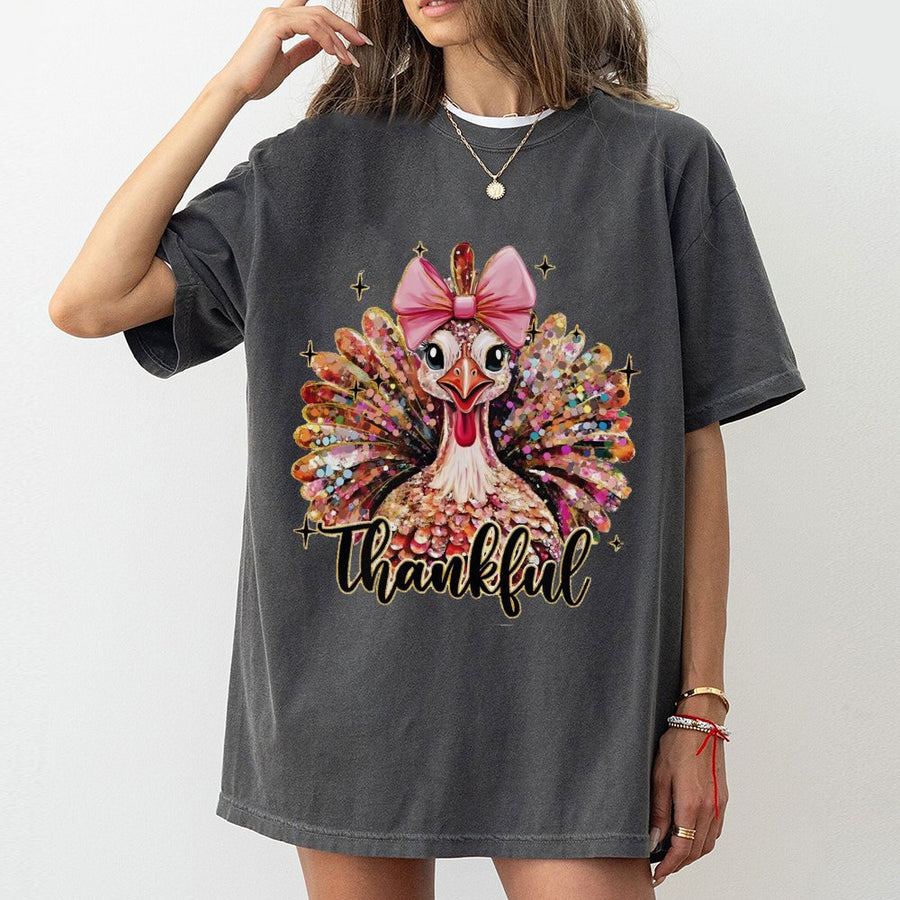 Thankful Turkey T-Shirt | Coquette Aesthetic Pink Bow Fall Graphic | 100% Premium Cotton Tee | Thanksgiving Gift For Women And Girls