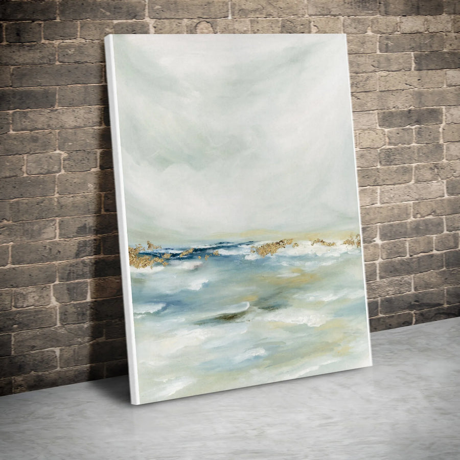 Abstract Coastal Canvas Wall Art | Minimalist Ocean Painting with Gold Accent | Premium Thick Gallery Wrap Canvas | Modern Living Room Decor Gift