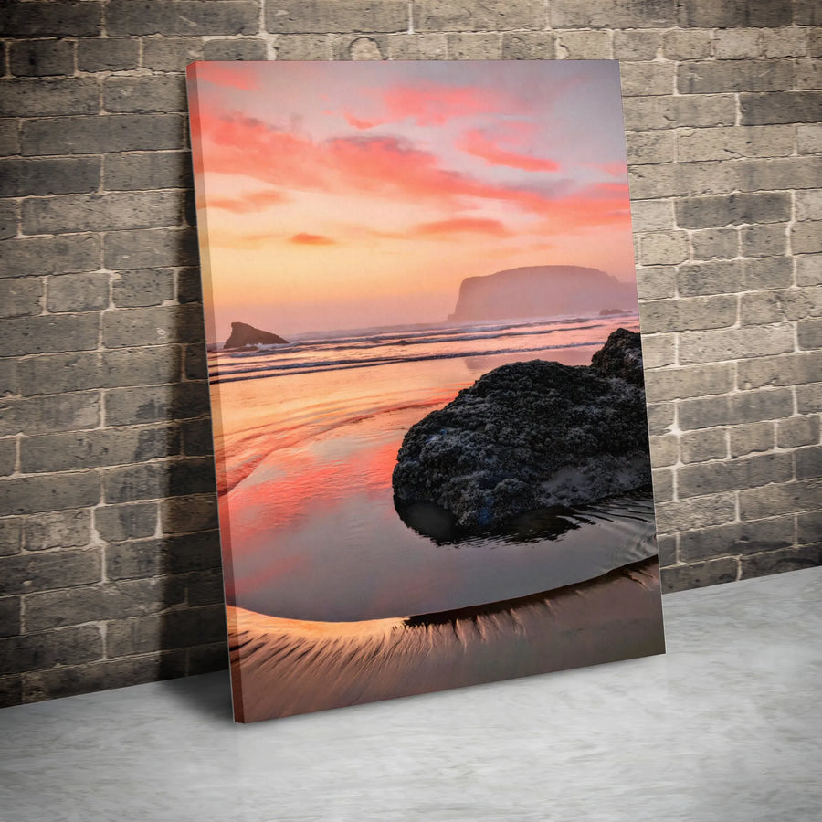 Coastal Sunset Beach Wall Art | Pink Sky Seascape Canvas Print | Premium Gallery Wrapped 1.25" Profile | Modern Living Room Home Decor