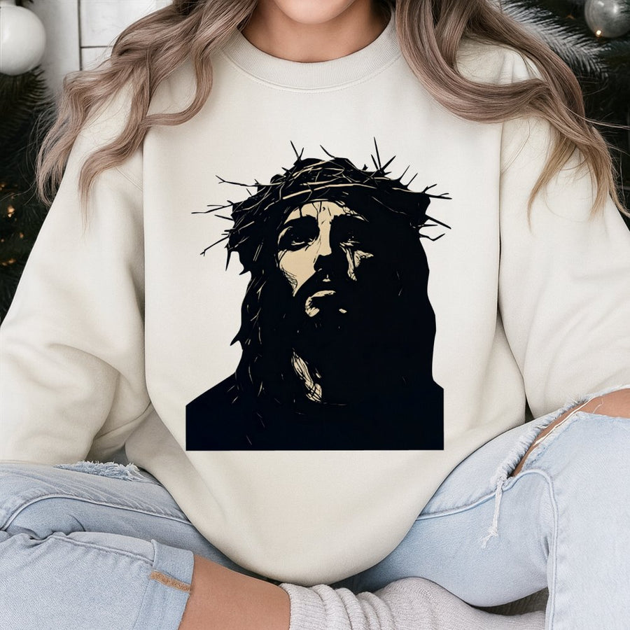 Jesus Crown Of Thorns Sweatshirt | Minimalist Religious Graphic Design | Premium Cotton Blend | Christian Faith Gift For Men And Women
