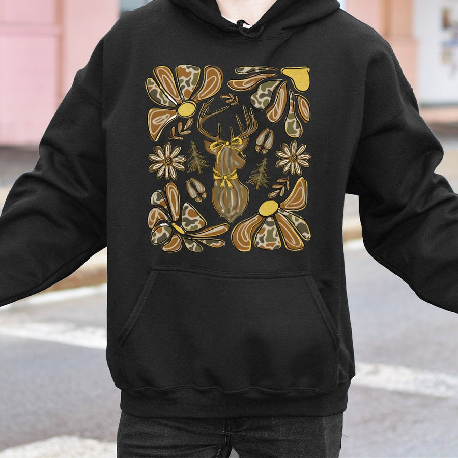 Boho Deer Hoodie | Coquette Bow Camo Floral Graphic | Premium Cotton Blend | Fall Hunting Season Gift for Her