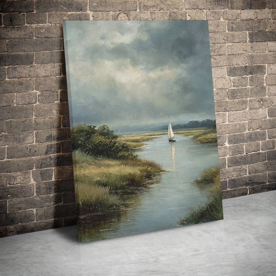 Sailboat Landscape Canvas Print | Moody Marsh River Painting | Premium Gallery Wrapped Wall Art | Coastal Decor Gift for Nautical Home Lovers