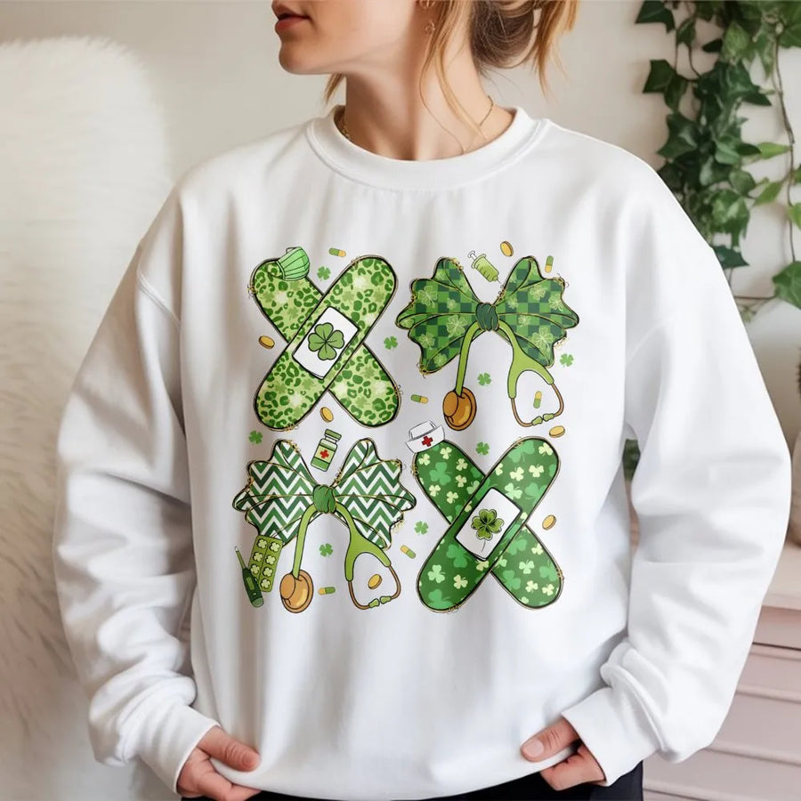 St. Patrick's Day Nurse Sweatshirt | Lucky Shamrock Stethoscope Bow Design | Premium Cotton Blend | Gift for Healthcare Workers and Nurses