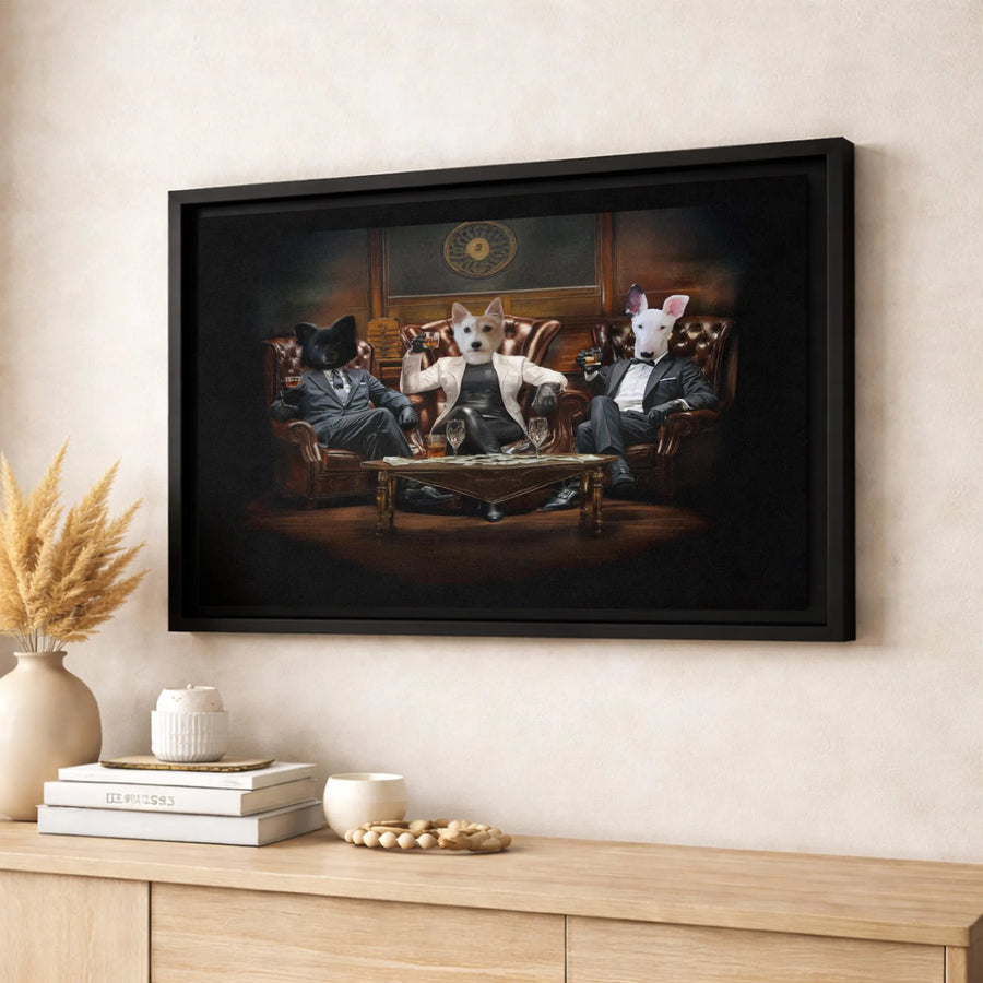 Dog Gangster Wall Art | Three Dogs In Suits Drinking Whiskey | Premium Gallery Canvas | Unique Man Cave Decor Gift