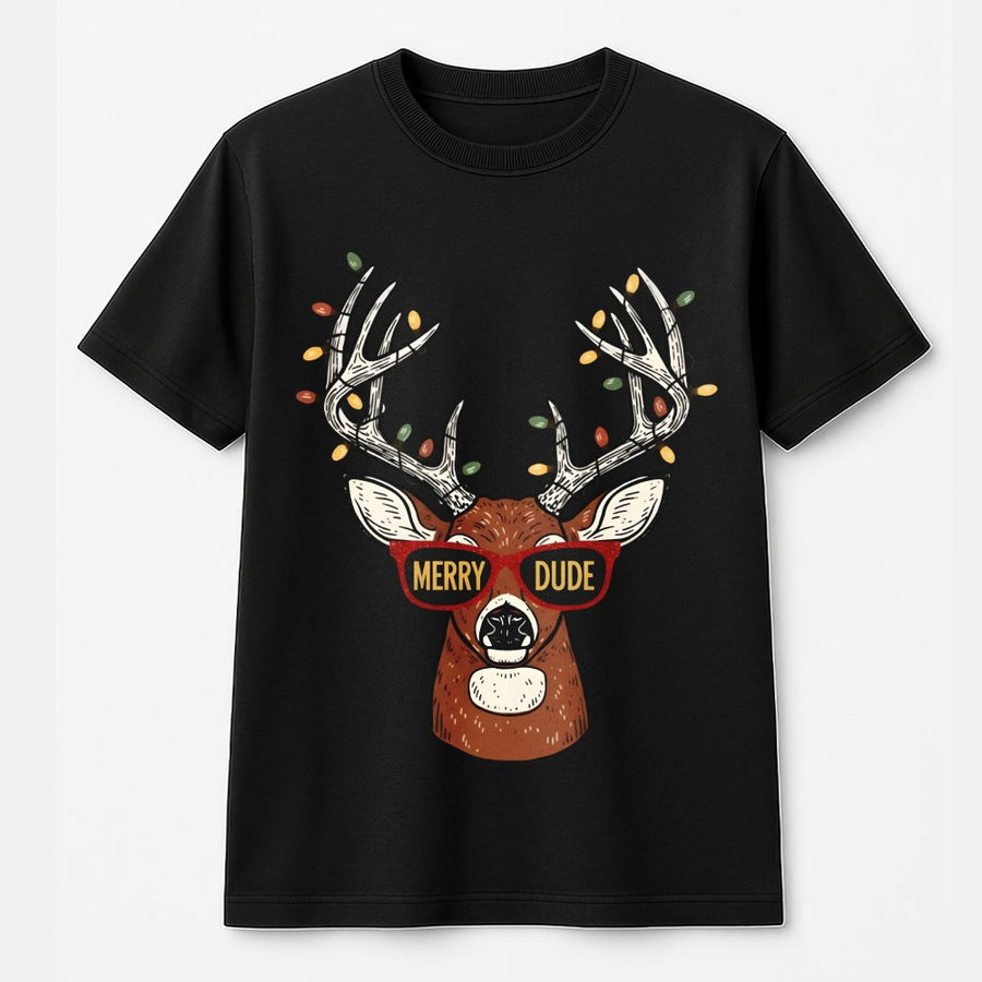 Merry Dude Deer T-Shirt | Funny Reindeer Christmas Graphic | Premium 100% Cotton Tee | Retro Holiday Hunting Gift For Men And Women