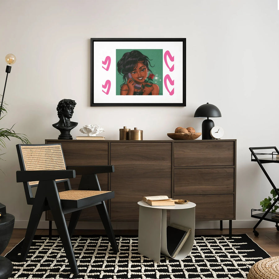 Black Woman Illustration Canvas | Romantic Rose and Phone Aesthetic Art | Premium Gallery-Wrapped Print | Wall Decor for Her Bedroom or Living Room