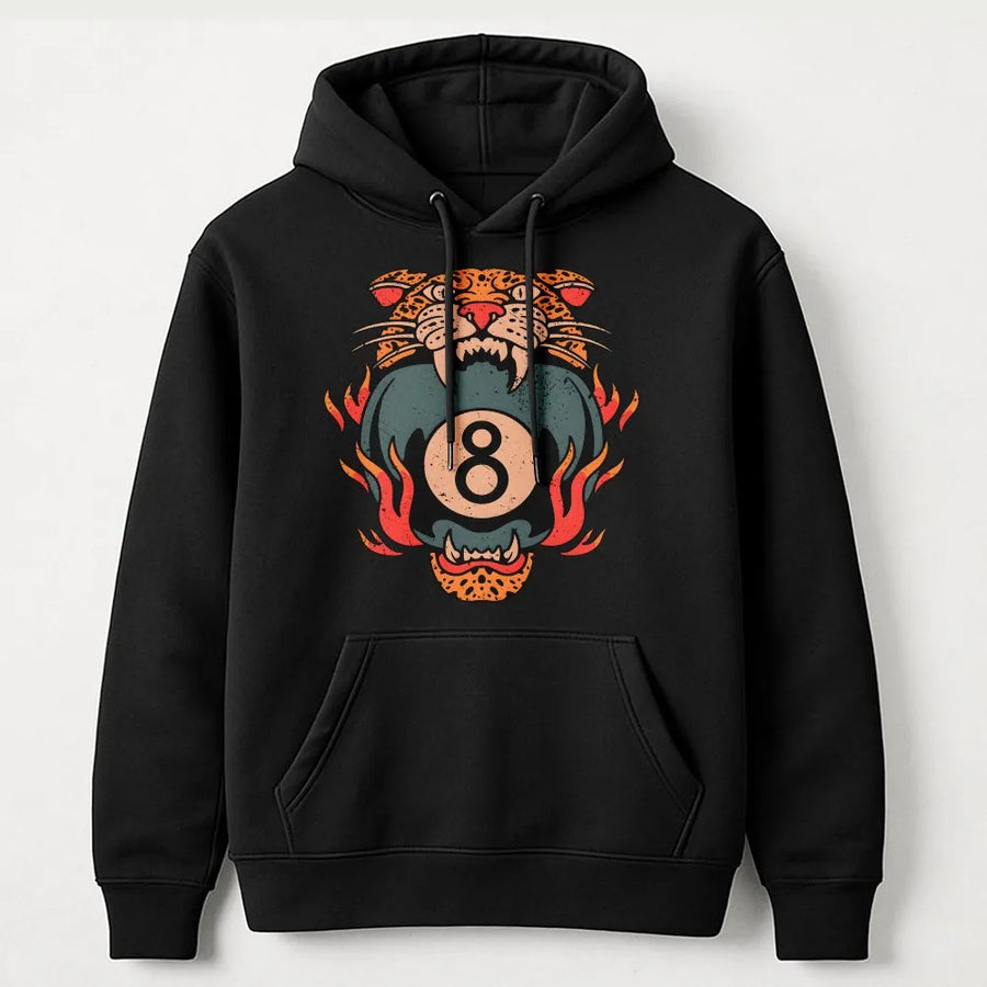 Vintage Tiger 8 Ball Hoodie | Flaming 8 Ball Tattoo Art | Premium Cotton Graphic Tee | Gift for Rock and Roll Fan