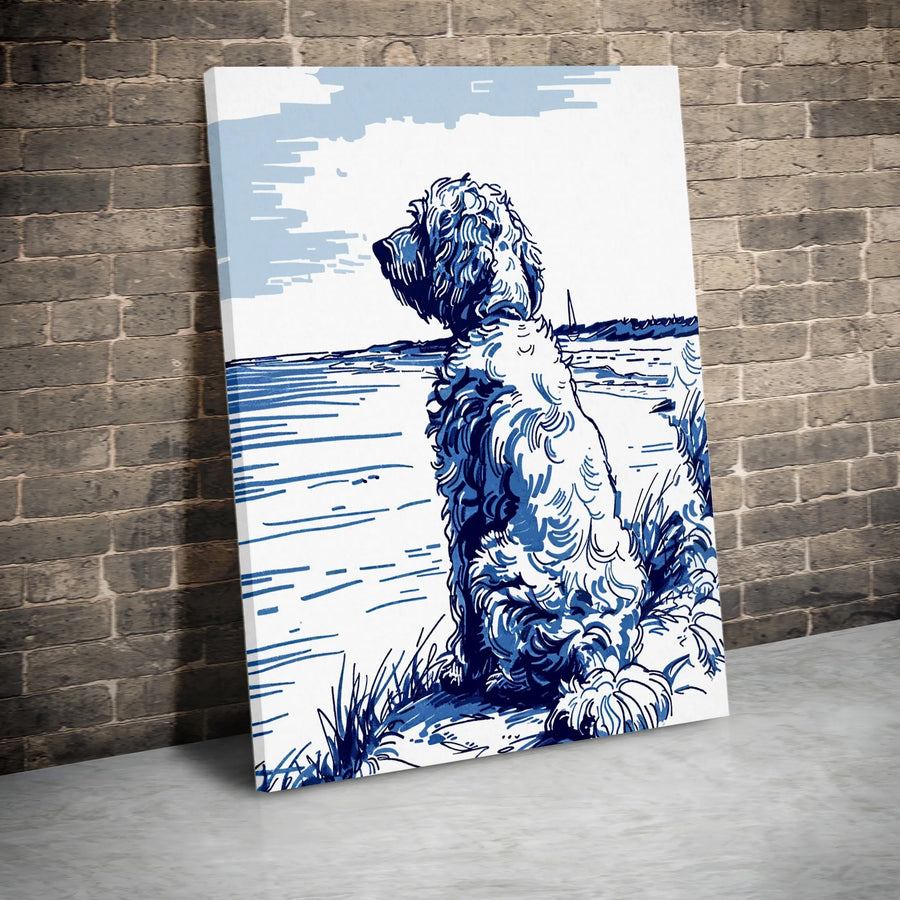 Coastal Doodle Dog Wall Art | Blue Line Art Nautical Decor | Premium Gallery-Wrapped Canvas | Gift for Dog Lovers & Beach House Decor