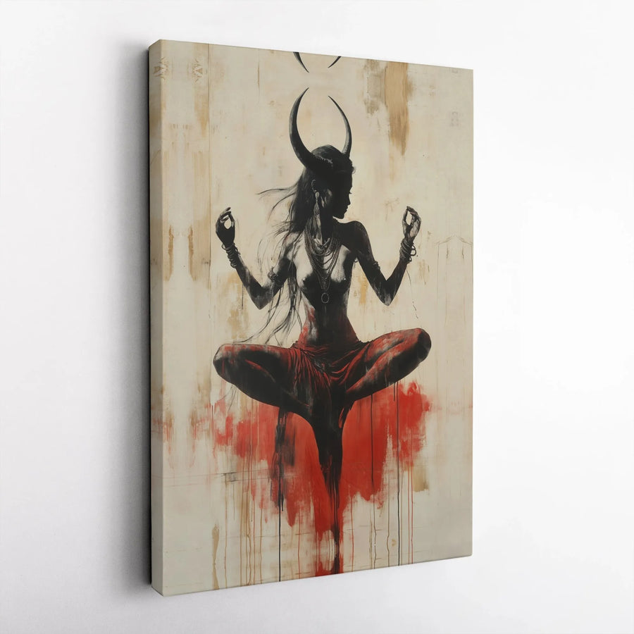 Horned Goddess Canvas Art | Abstract Meditating Demoness Silhouette | Premium Thick Gallery Wrap Canvas | Gothic Home Decor Gift