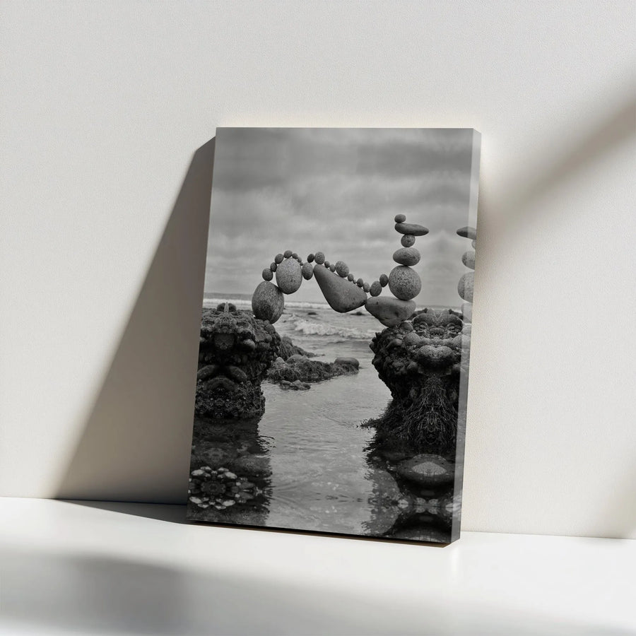 Balancing Rock Canvas Art | Black and White Coastal Photography | Premium Gallery Wrap | Zen Mindfulness Gift for Home & Office Decor