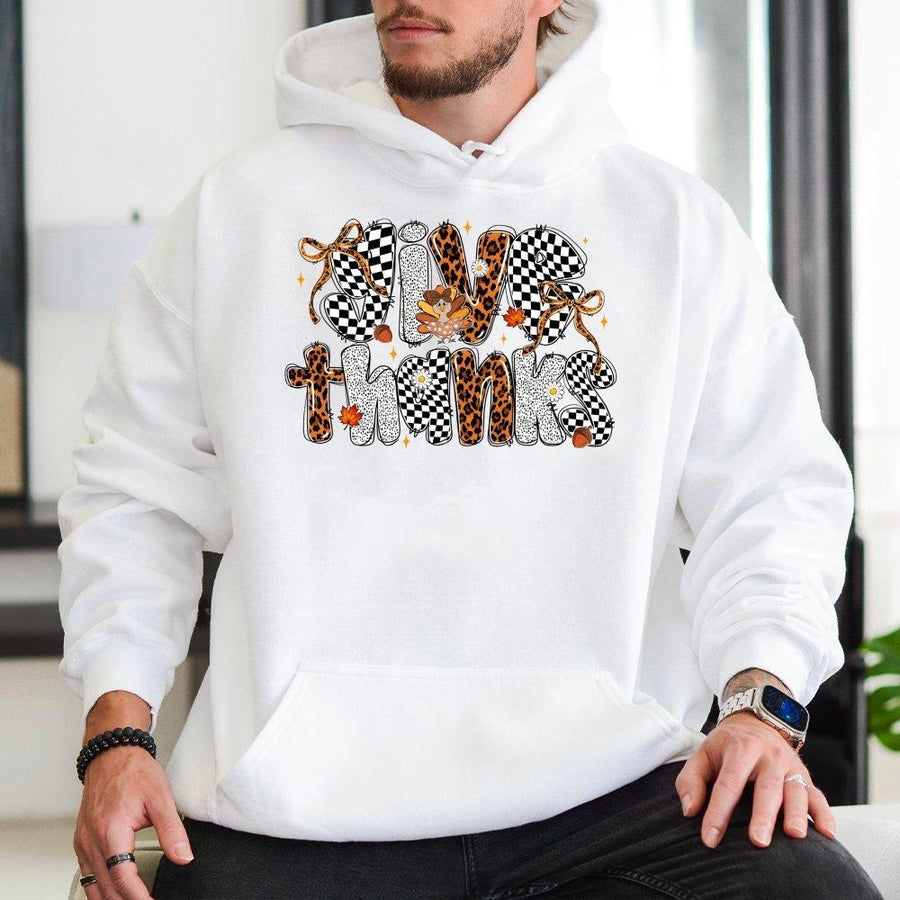 Give Thanks Thanksgiving Hoodie | Leopard Print Fall Graphic | Premium Cotton Blend | Unisex Autumn Gift For Her & Him