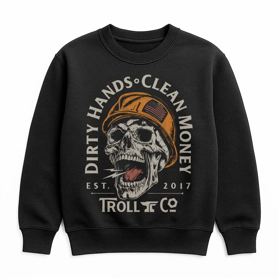 Dirty Hands Clean Money Sweatshirt | Blue Collar Skull Hard Hat Graphic | Premium Cotton Blend | Gift for Construction Worker & Labor Trades