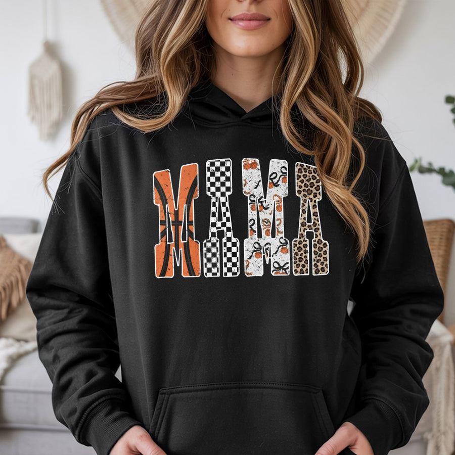 Basketball Mama Hoodie | Retro Checkered Leopard Sports Print | Cotton-Polyester Blend | Trendy Game Day Gift for Basketball Moms