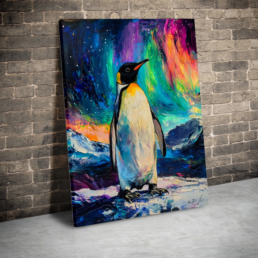 Emperor Penguin Wall Art | Aurora Borealis Northern Lights Canvas | Thick Gallery Wrap Print | Modern Nature Animal Decor Gift