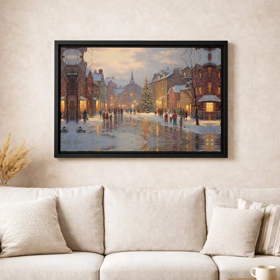 Christmas Village Canvas Wall Art | Cozy Winter Town Street Scene | Premium Gallery Wrap Print | Festive Holiday Home Decor Gift