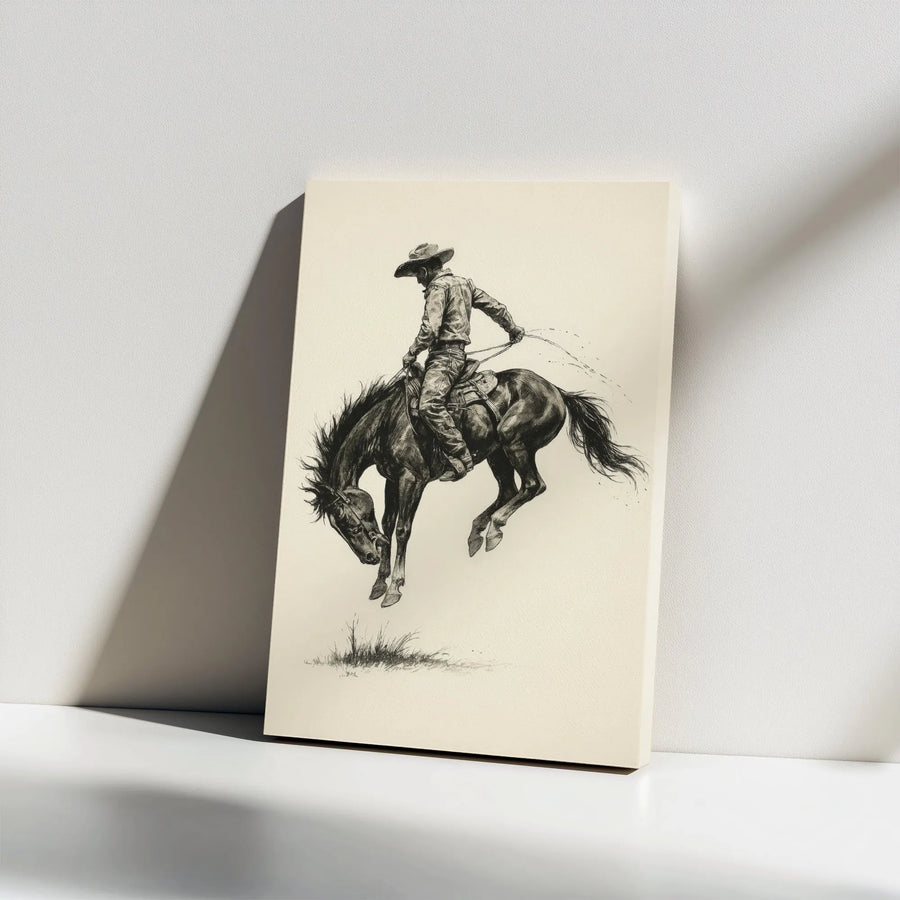 Cowboy Rodeo Wall Art | Bucking Bronco Western Sketch | Gallery-Wrap Canvas Print | Rustic Home Decor for Western Enthusiasts