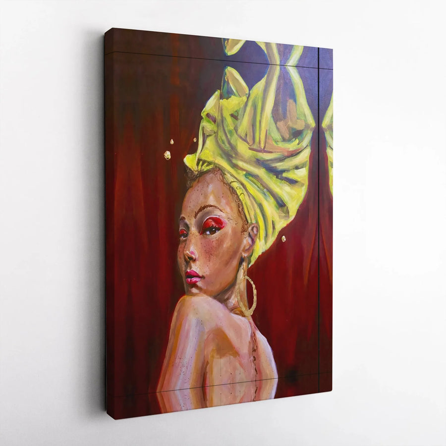 Black Woman Art Canvas | Afrocentric Yellow Head Wrap Portrait | Gallery Wrap Premium Wall Decor | Gift for Her Home Office Interior