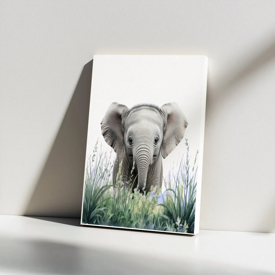 Baby Elephant Canvas Wall Art | Cute Watercolor Safari Animal Painting | Premium Gallery Wrapped Print | Nursery Decor for Boy or Girl
