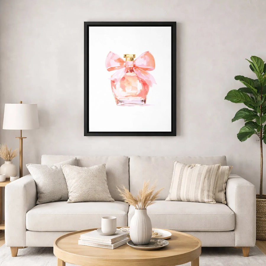 Pink Perfume Bottle Canvas Art | Watercolor Bow Aesthetic Wall Decor | Premium Fade-Resistant Print | Chic Fashion Gift for Her Vanity