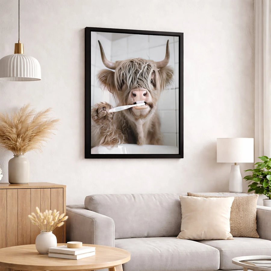 Highland Cow Brushing Teeth Canvas Art | Funny Bathroom Wall Decor | Premium Framed Gallery Print | Whimsical Farmhouse Animal Gift for Home