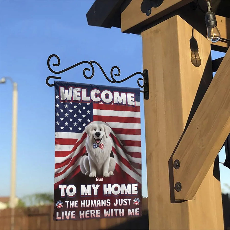 American Flag Dog Welcome Garden Flag | Funny 'The Humans Just Live Here' Sign | Double Sided Outdoor Decor | Premium Gift for Dog Lovers