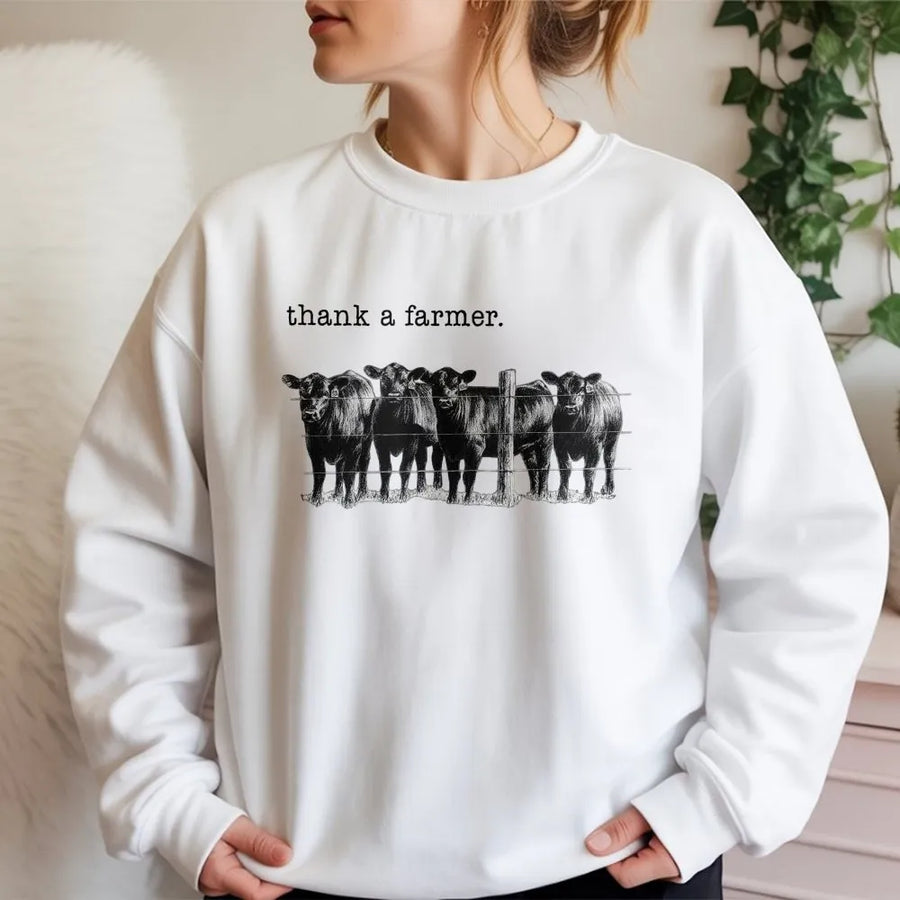 Thank A Farmer Sweatshirt | Realistic Cow Graphic Pullover | Premium Cotton Blend | Western Rancher Thanksgiving Gift