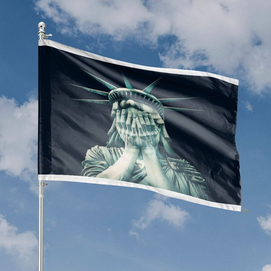 Crying Statue Of Liberty House Flag | Commentary Patriotic Art | Weather-Resistant Polyester | Statement Home Garden Decor Gift
