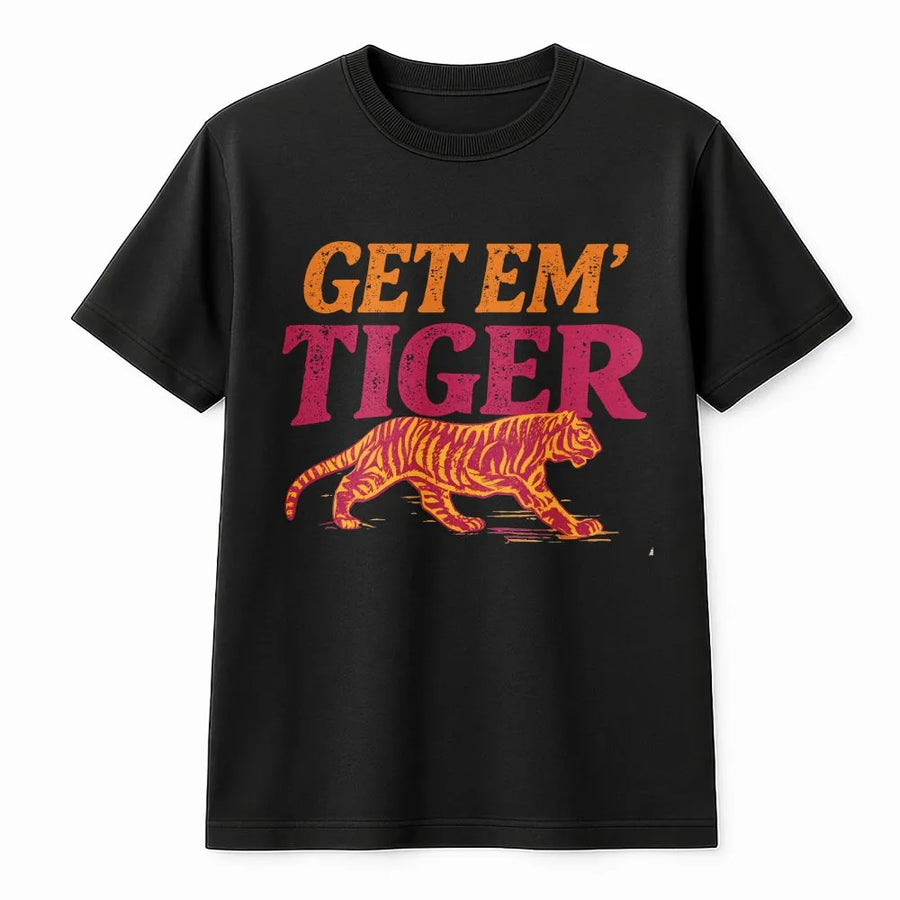 Get Em Tiger Shirt | Retro Mascot Graphic Tee for Game Day | Soft Cotton School Spirit Wear | Gift for Sports Fan, Student, or Alumni