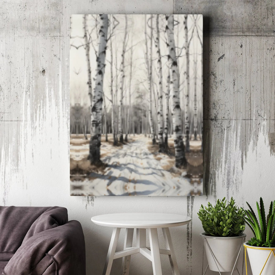 Birch Tree Forest Canvas Art | Snowy Path Winter Landscape | Gallery Wrapped Premium Canvas | Modern Farmhouse Wall Decor for Living Room