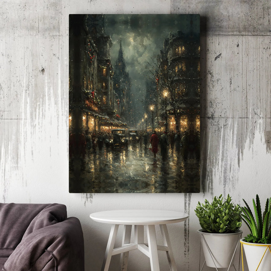 Vintage Christmas City Canvas Print | Moody Dark Academia Snowy Street Art | Premium 1.25" Gallery Wrap | Holiday Wall Decor for Home Office