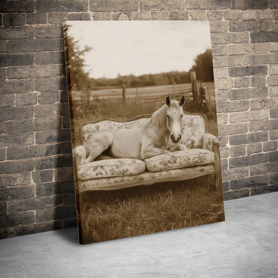 Horse On Sofa Canvas Wall Art | Whimsical Sepia Farmhouse Print | Premium Gallery-Wrapped Decor | Unique Animal Lover Gift