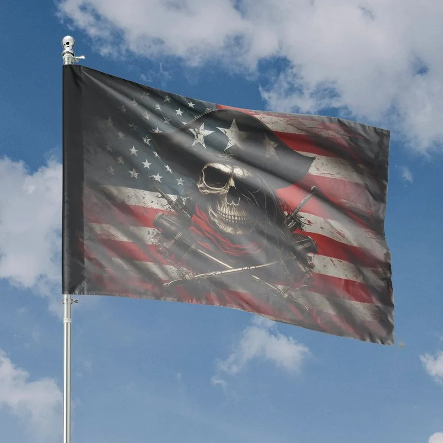 American Flag Skull House Flag | Vintage Pirate Graphic with Crossed Swords | Double Sided Weather-Resistant Polyester | Patriotic Outdoor Decor Gift