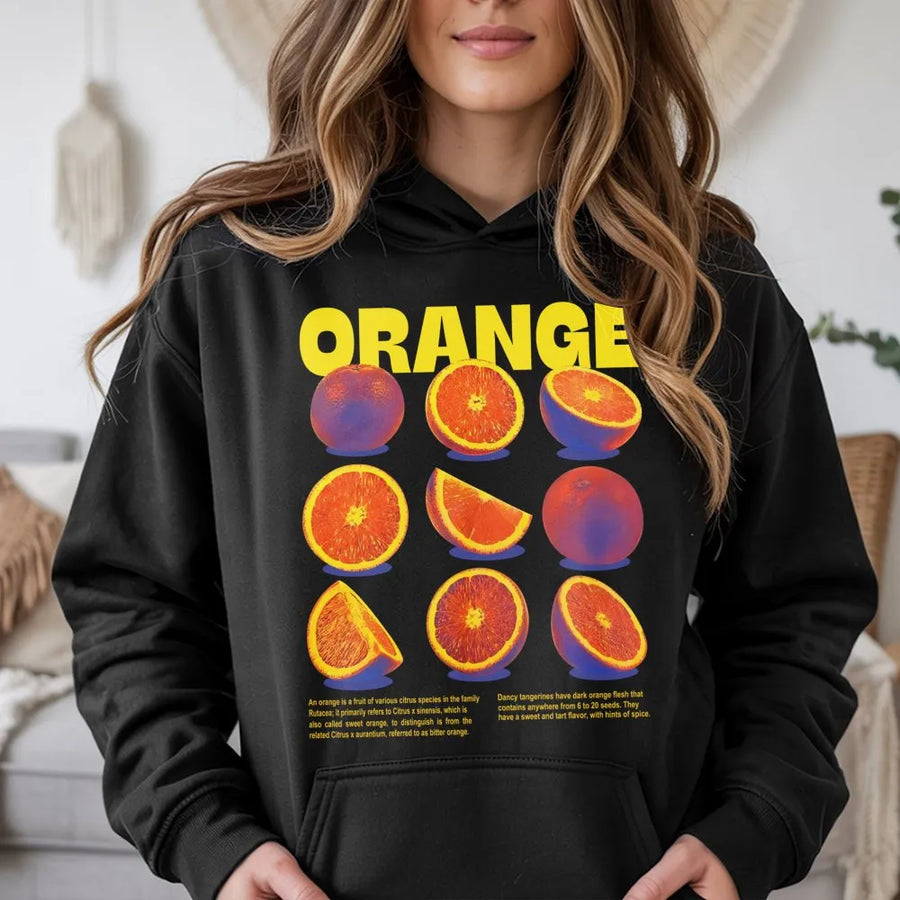 Orange Fruit Graphic Hoodie | Retro Botanical Citrus Design | Premium Cotton Blend | Aesthetic Streetwear Gift for Fruit Lovers