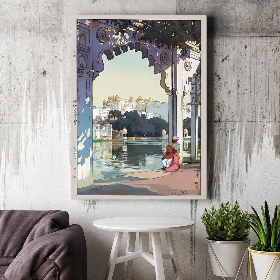 Udaipur Palace Canvas Print | Indian Lake City Anime Style Art | Premium Gallery Wrapped Decor | Travel Aesthetic Wall Art Gift