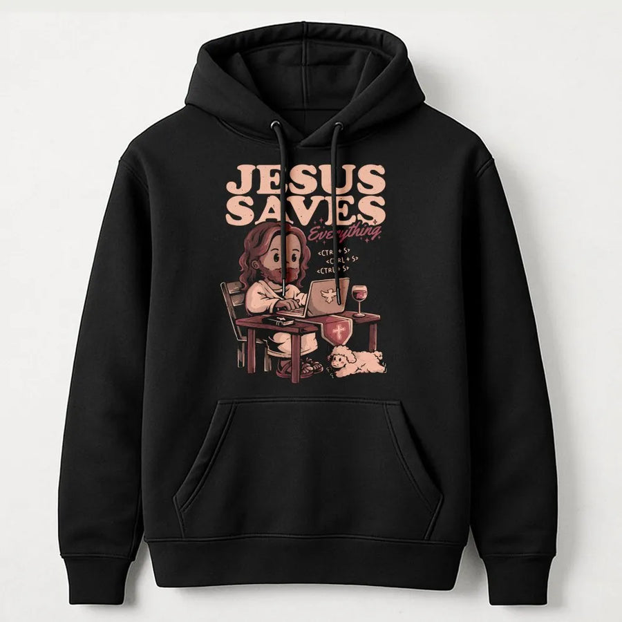 Jesus Saves Everything Hoodie | Christian Programmer Tech Humor | Premium Soft Cotton Blend | Religious Gift For IT Developer Software Engineer