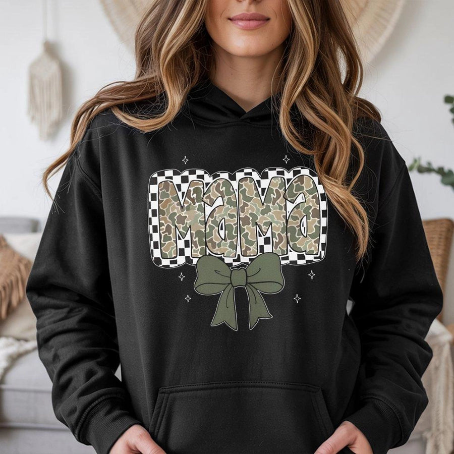 Mama Hoodie | Checkered Camo Print with Coquette Bow | Premium Cotton-Poly Blend | Cute Mother's Day 2026 Gift for Mom