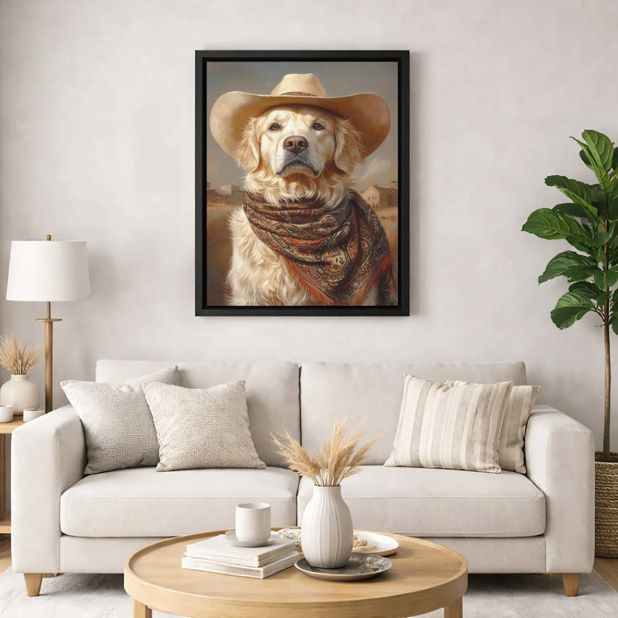 Golden Retriever Cowboy Canvas Print | Western Dog Wall Art | Premium 1.25-Inch Stretched Gallery Wrap | Rustic Home Decor Gift for Dog Lovers