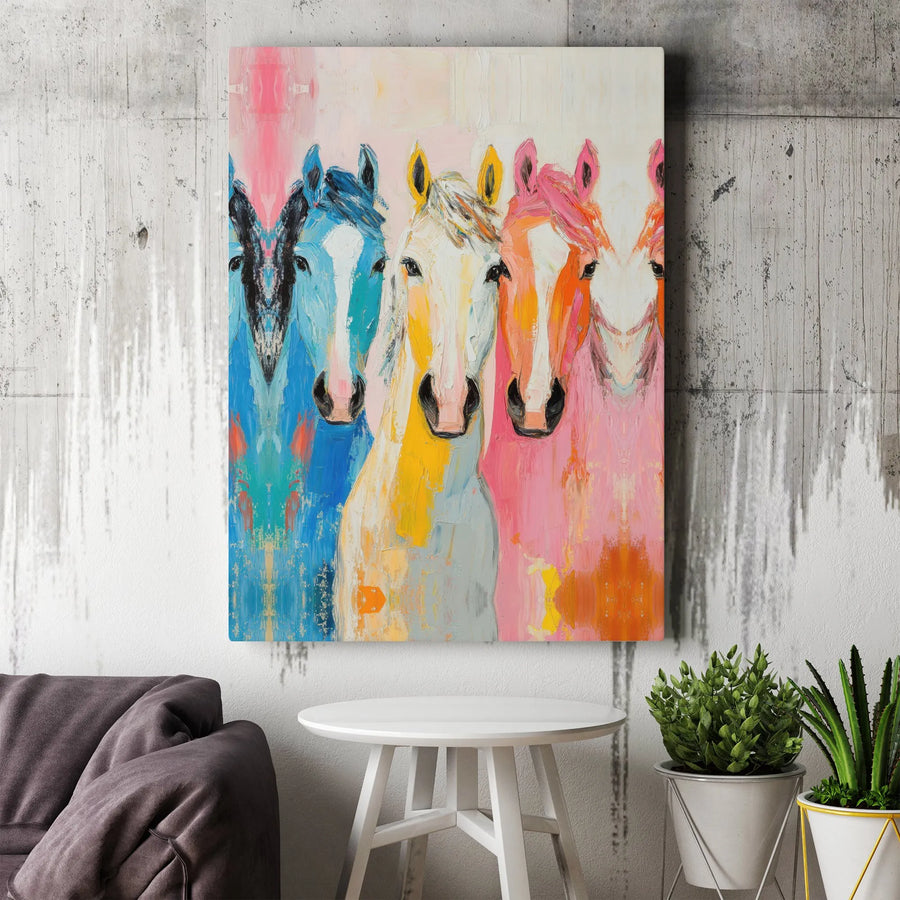 Colorful Horse Canvas Wall Art | Vibrant Pop Art Painting of Four Horses | Premium Gallery Wrapped Canvas | Modern Equestrian Home Decor Gift for Horse Lover
