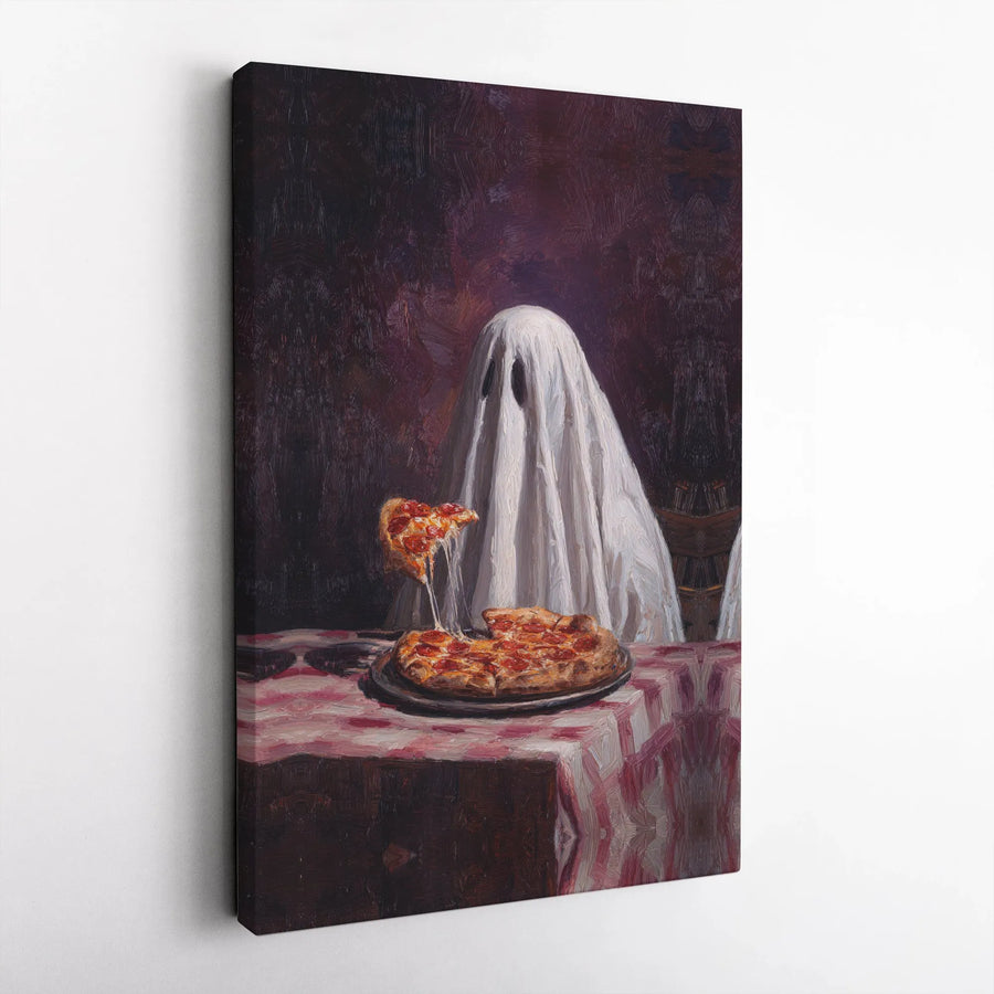 Ghost Eating Pizza Wall Art | Funny Spooky Foodie Canvas Print | Gallery-Quality Stretched Decor | Unique Gift for Pizza Lovers
