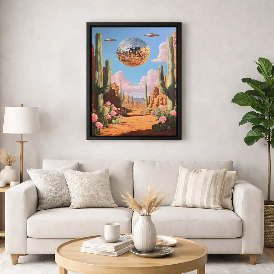Desert Disco Ball Wall Art | Surreal UFO Cactus Landscape Print | Premium Gallery Canvas | Retro Sci-Fi Home Decor Gift