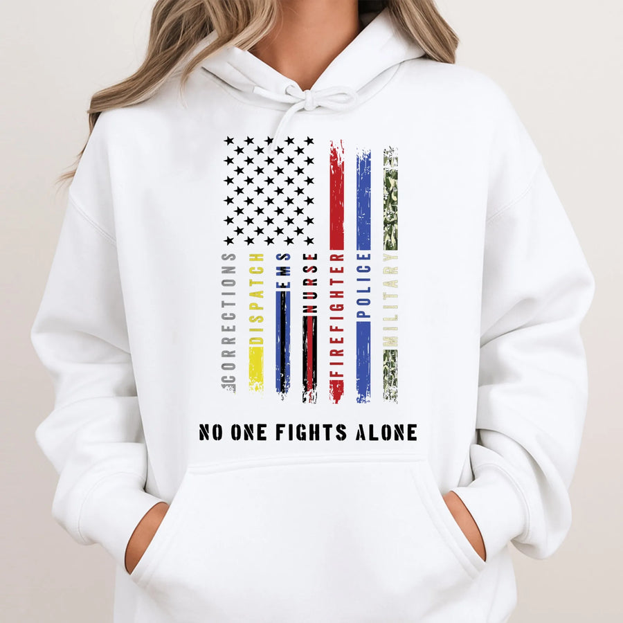 First Responder Support Hoodie | No One Fights Alone American Flag Design | Premium Cotton Blend | Gift for Police Firefighter Nurse Military