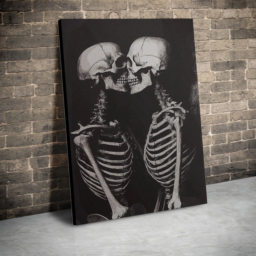 Kissing Skeletons Canvas Wall Art | Romantic Gothic Decor | Premium Fade-Resistant Gallery Print | Dark Academia Gift for Couples