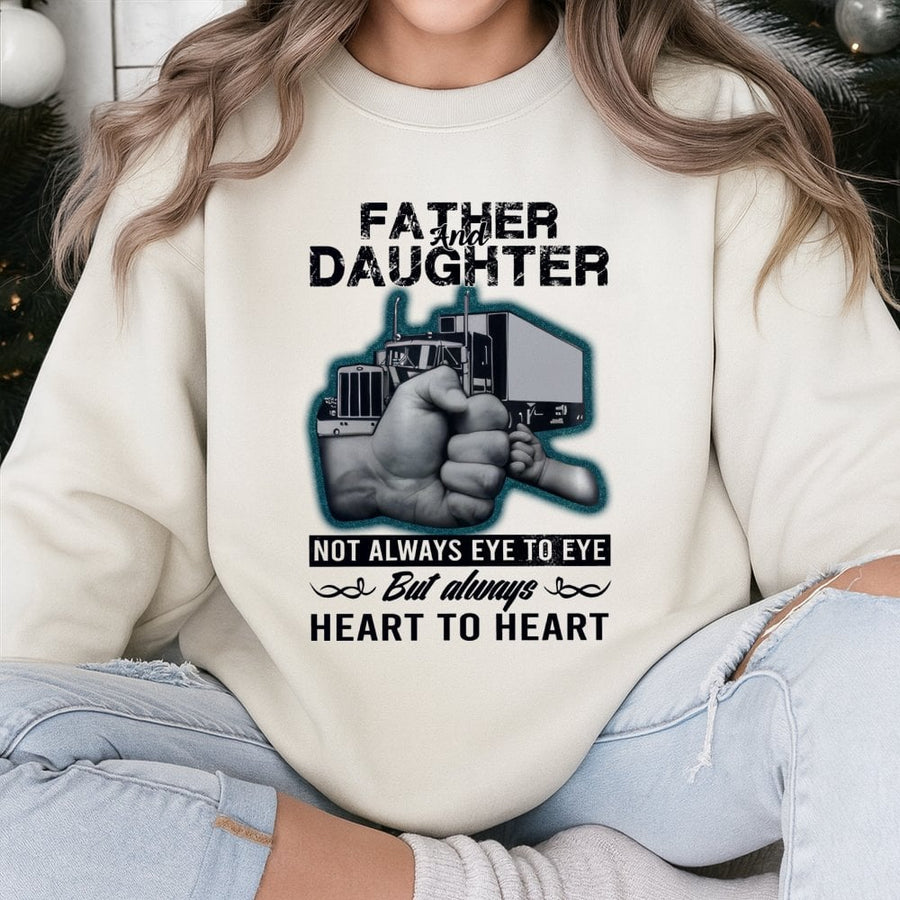 Father Daughter Trucker Sweatshirt | Heart To Heart Fist Bump Graphic | Premium Cotton Blend Crewneck | Meaningful Gift For Truck Driver Dad