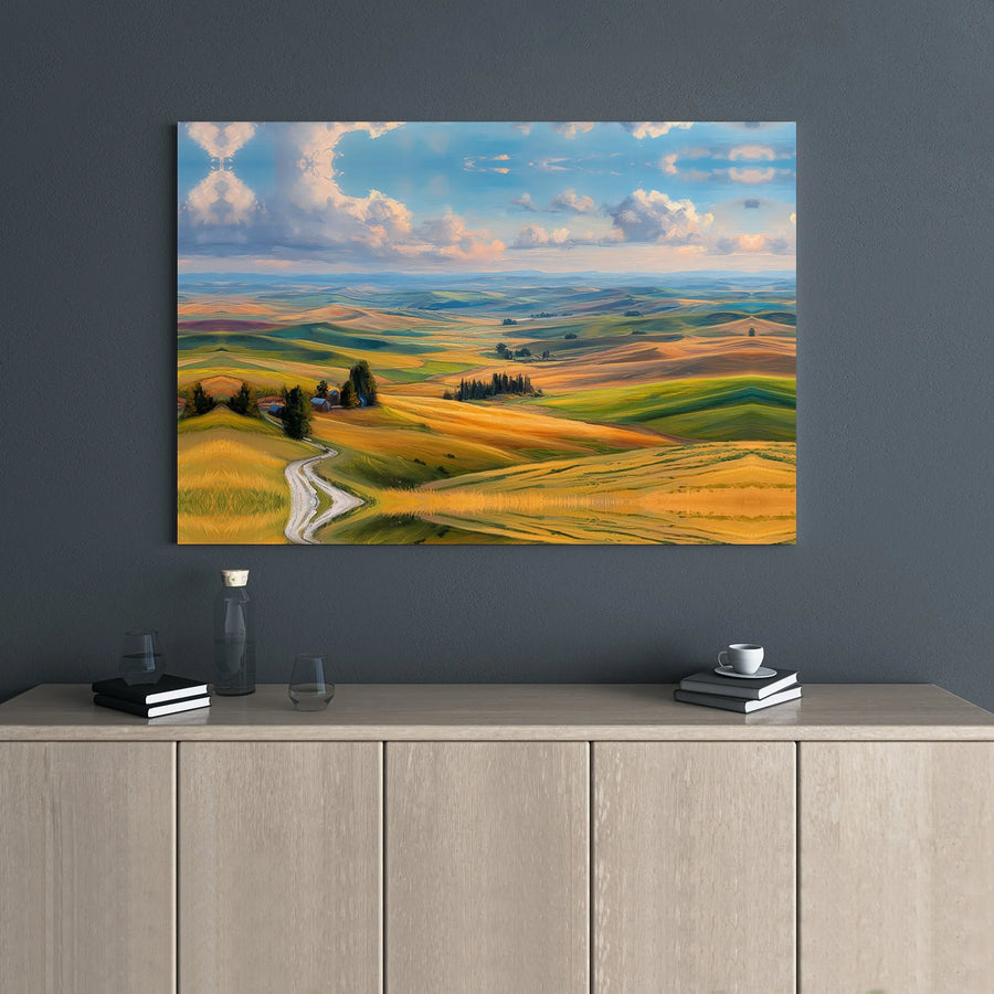 Tuscan Landscape Canvas Wall Art | Rolling Hills Farmhouse Oil Painting Print | Gallery Wrapped Premium Decor | Gift For Home And Office