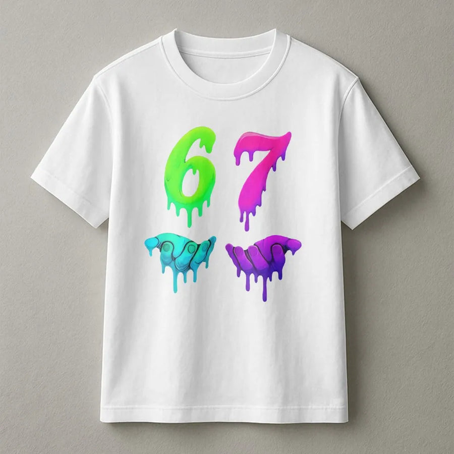 Number 67 Dripping Neon T-Shirt | Streetwear Liquid Glow Graphic | Premium Soft Cotton Tee | Unique Birthday Gift for Him or Her