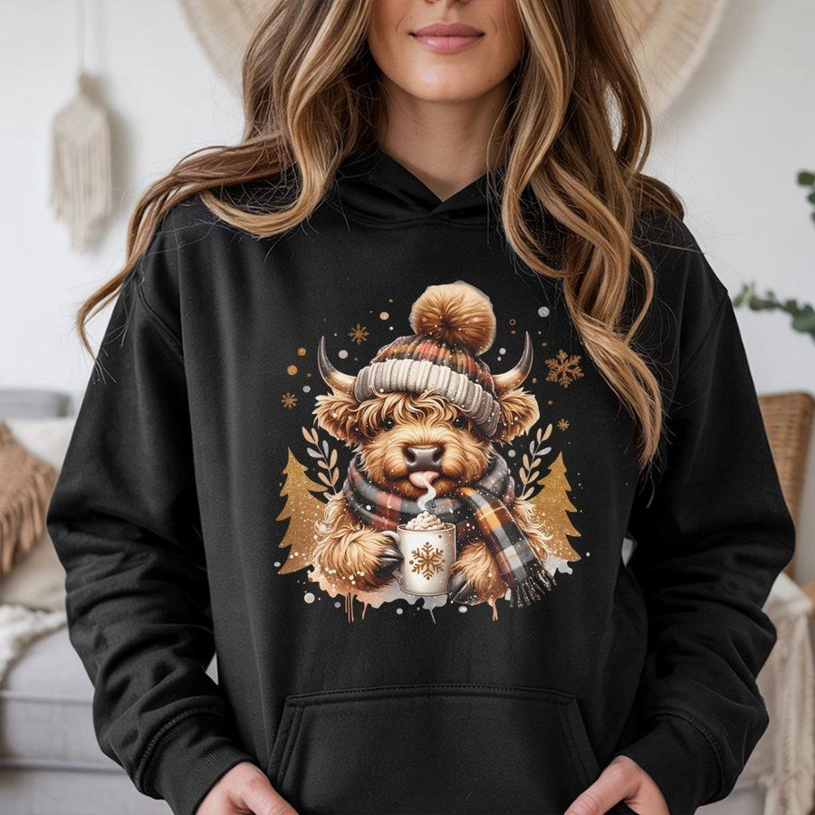 Highland Cow Christmas Hoodie | Festive Winter Animal Graphic Design | Premium Cotton-Blend Pullover | Cozy Gift for Cow Lovers