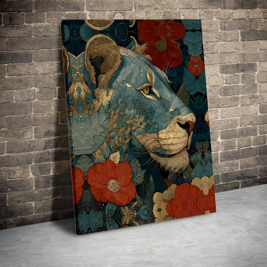 Lioness Wall Art | Ornate Teal Gold and Red Floral Canvas | Gallery Wrapped 1.25" Premium Print | Modern Animal Home Decor Gift