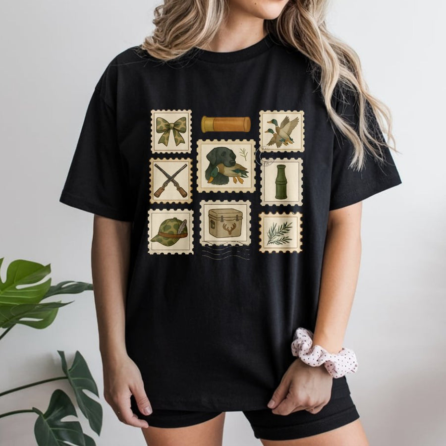 Duck Hunting Graphic T-Shirt | Preppy Coquette Stamp Aesthetic | 100% Cotton Premium Tee | Unique Gift for Hunters & Outdoorsy Women