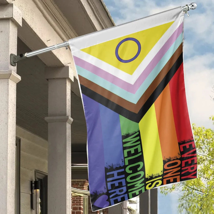 Progress Pride House Flag | Everyone is Welcome Here Double-Sided Print | UV-Resistant Polyester | LGBTQ Ally Gift & Inclusive Yard Decor